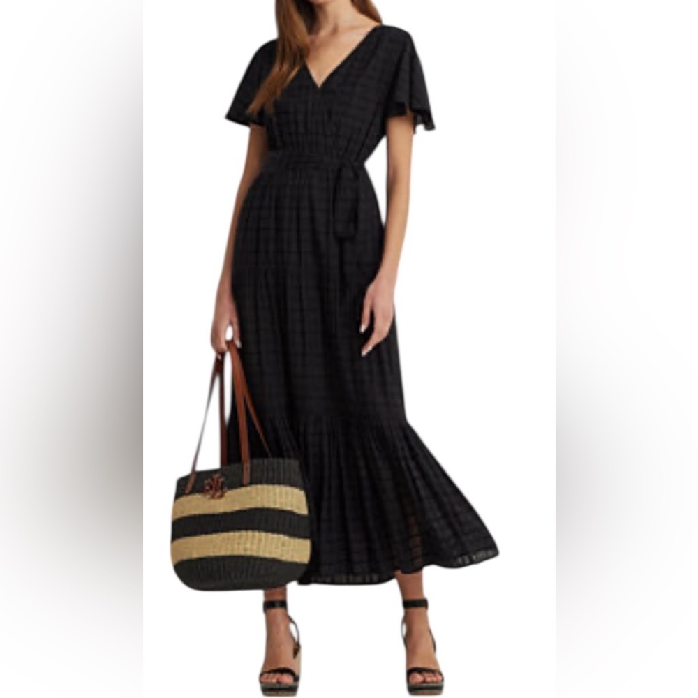 Lauren Ralph Lauren Shadow-Gingham Belted Cotton-Blend Dress.  B10